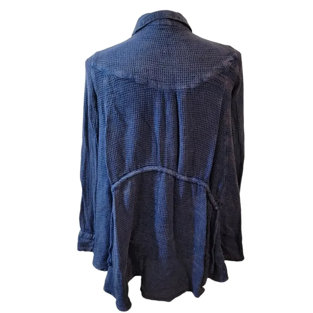 Free People One of the Guys Blue Waffle Knit Button Oversized Long Sleeve XS